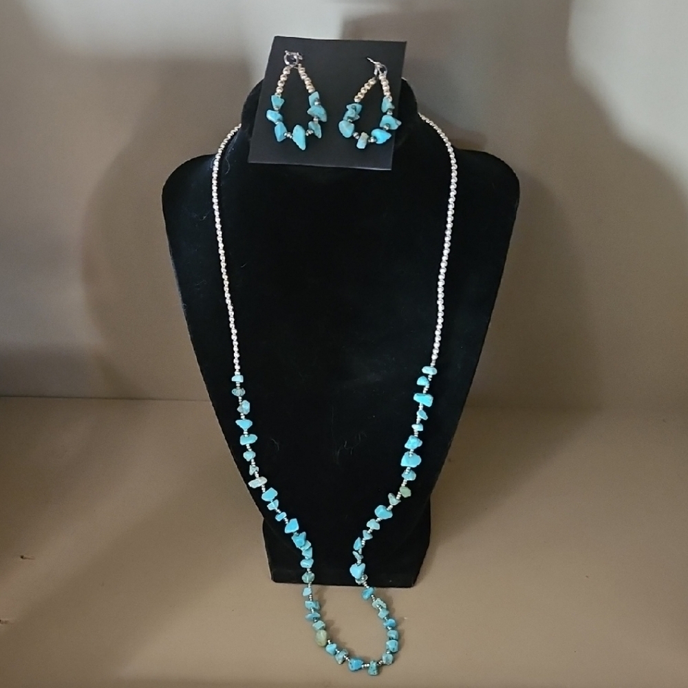 Turquoise and White Beaded Necklace and Earring Set